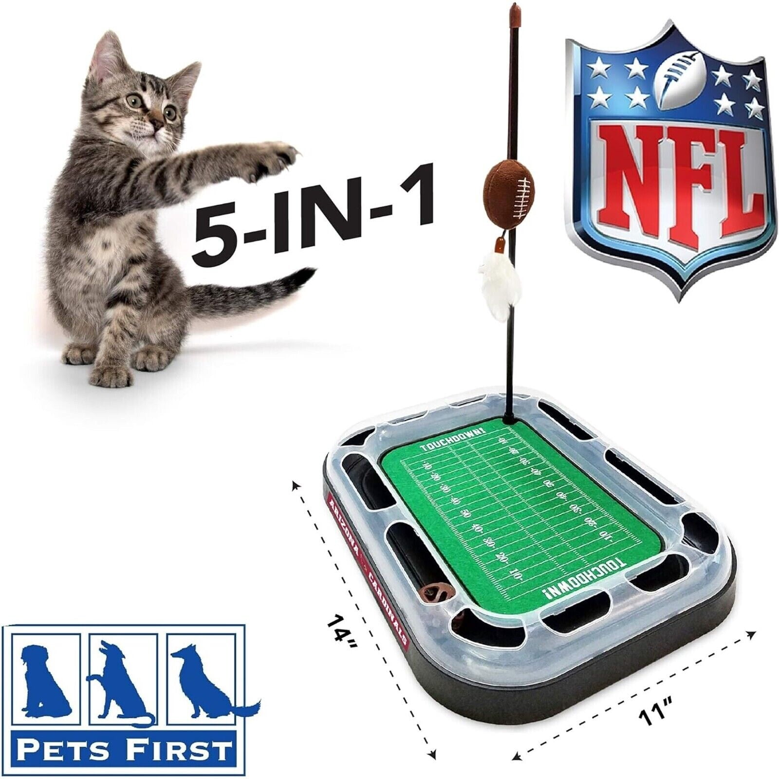 Pets First NFL Cat Scratcher Toy with Catnip Plush & Feather Cat Toy 6-in-1 Kitty Toy Arizona Cardinals