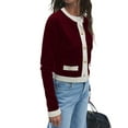 thumbnail image 2 of Women'S Contrast Trim Long Sleeve Button Front V Neck Cardigan Wine Red S, 2 of 6