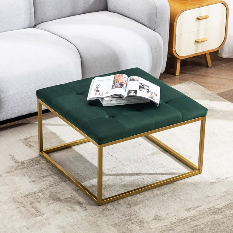 Duhome Square Ottoman Coffee Table Upholstered Modern Tufted Ottoman with Metal Base Footrest Ottoman for Living Room Velvet Green