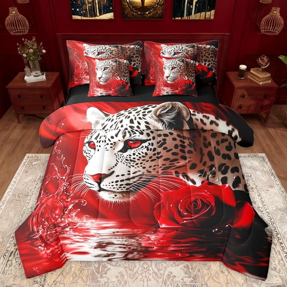 Castle Fairy Female Men Women Animal Cheetah Twin Bedding Sets 7-Piece,Floral Rose Leopard Bedding Comforter Set Microfiber,Jungle Wildlife Breathable Sheet Sets,Breathable Home Decor,Reversible