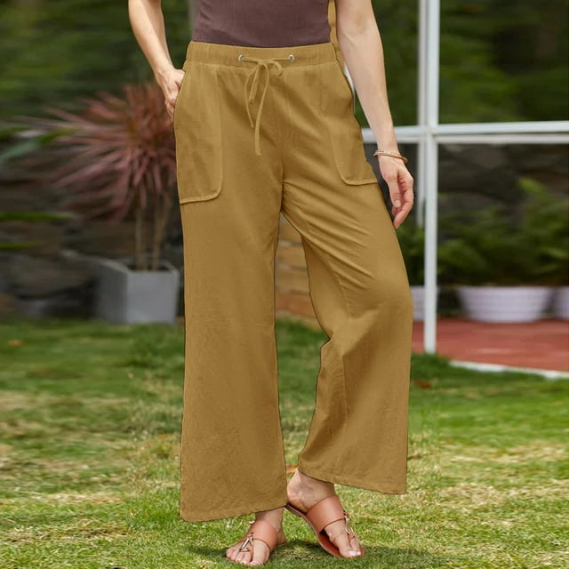 Summer Savings Clearance 2025! Horkkom Wide Leg Pants Woman Plus Size Solid Color Linen Pants with Pockets Casual Elastic Waist Drawstring Beach Pants