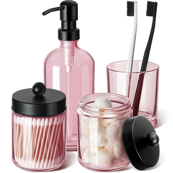 GM GMISUN Pink Bathroom Accessories Set, 4 Pack Glass Pink Bathroom Decor, Bath Accessory Sets Complete, Soap Dispenser and Toothbrush Holder Set with Labels