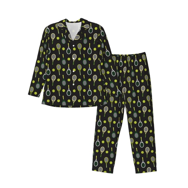 Honeii Tennis Rackets Pattern Mens Pajamas Set,2pcs Men's Lounge Long Sleeve Sleep Shirt and Pajama Bottoms Sleepwear Set,Mens Pjs Sets-Large