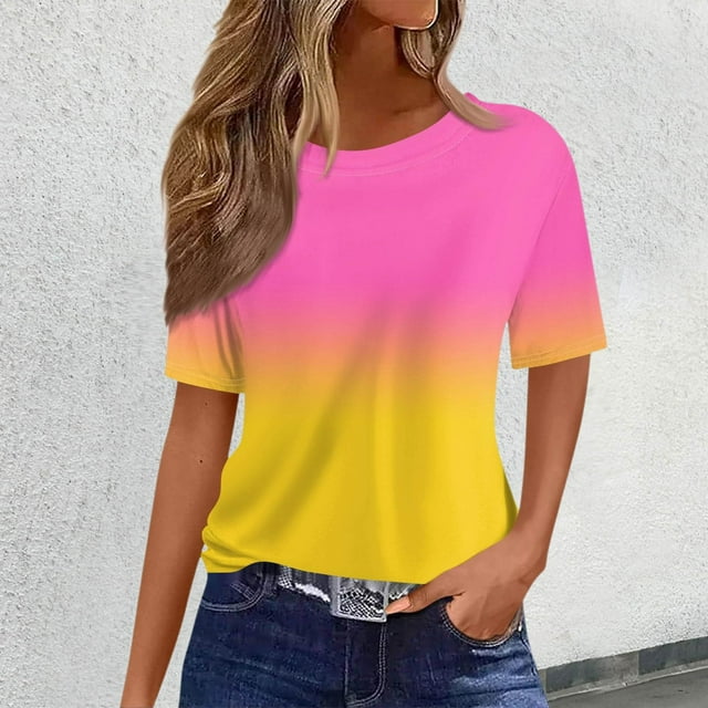 Women's Casual Short Sleeve T-Shirts with Gradient Design - Crew Neck Tees for Spring and Summer Versatile Comfort