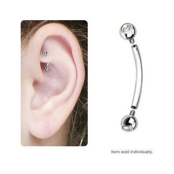 Internally Threaded Curved Barbell Rook Earring with Cz Gems