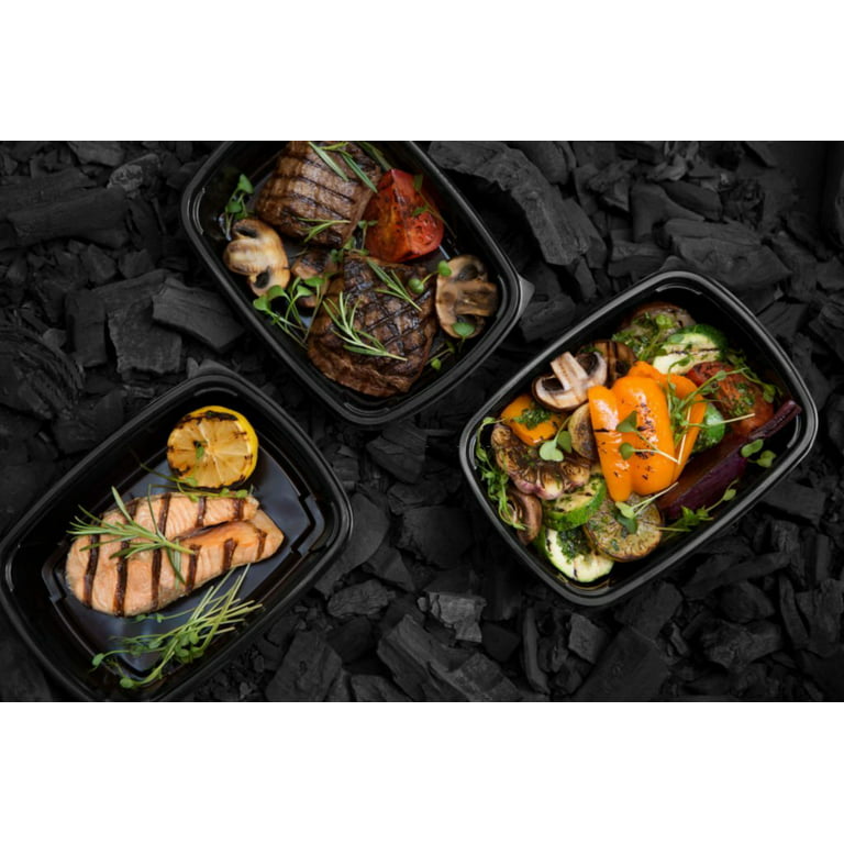 Sunrise Pak [150 Sets] 2 Compartment Meal Prep Containers, 28oz Black Plastic Containers, to Go Container, Bento Box, Lunch Box, Food Storage