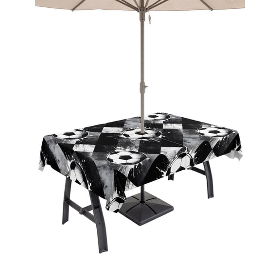 Outdoor Tablecloth with Umbrella Hole for Patio/Picnic/Party/Camping, Black White Football Waterproof Table Cloth Rectangle Table Cover Washable, Modern Abstract Art Balls Sport Game (60"x 102")