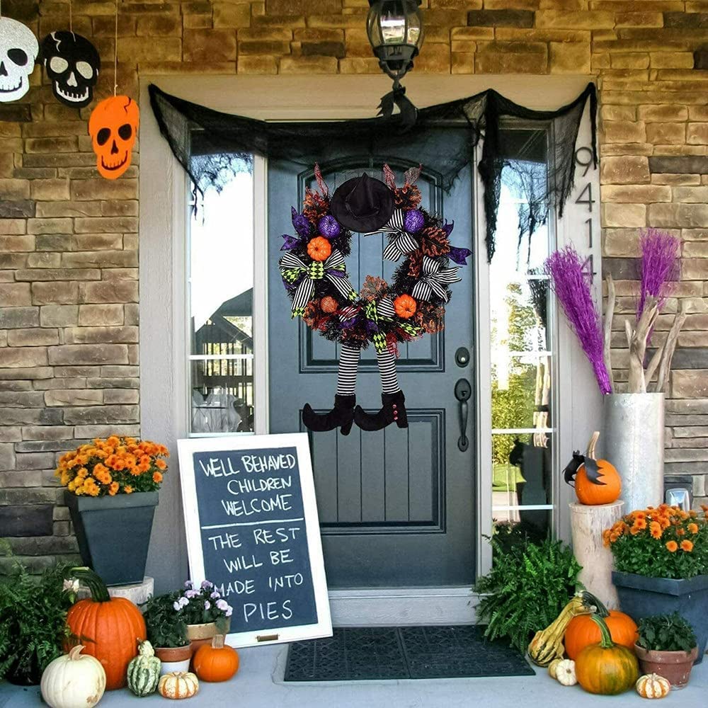 Halloween Wreath with Hat Legs Pumpkin Door Hanging Garland Front Door ...