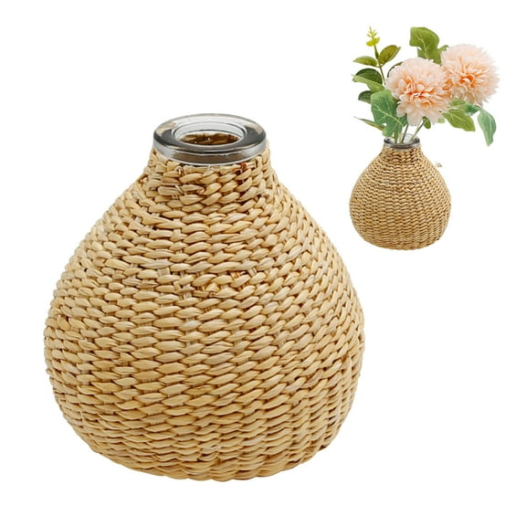 Glass Flower Vase with Rattan Cover, Round Flower Wicker Vase, Glass Vase Bud Container for Home Arrangement Table Decoration