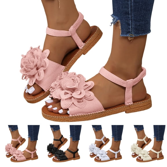 Pandaie Women's Flower Flat Sandals Elastic Ankle Strap Footbed Slides Sandal Comfortable Slip on Walking Shoes for Summer Beach Vacation Beige 6