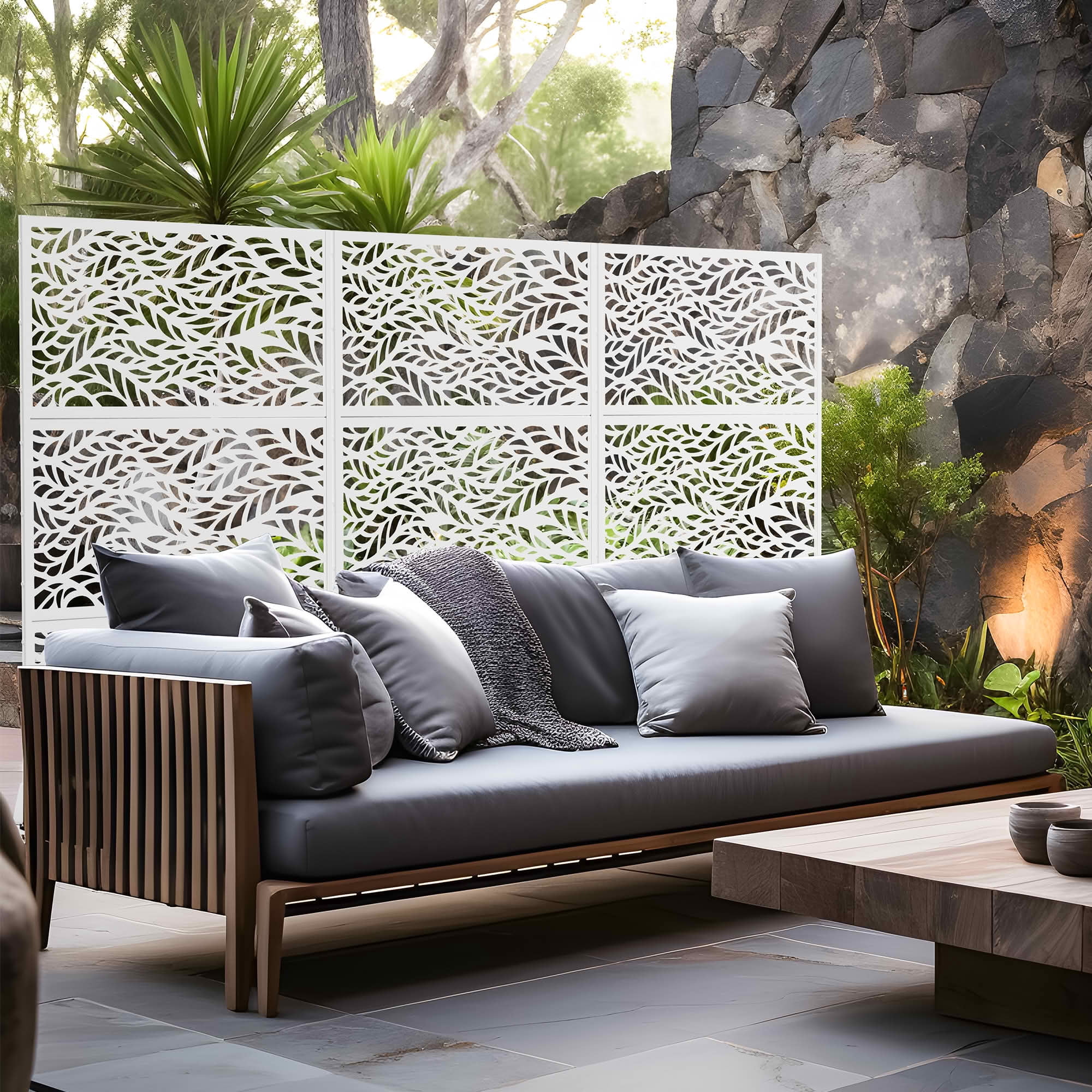 MAYEERTY White Galvanized Metal Privacy Screen, Outdoor Garden Patio, 72×47×16in, 3 Panels