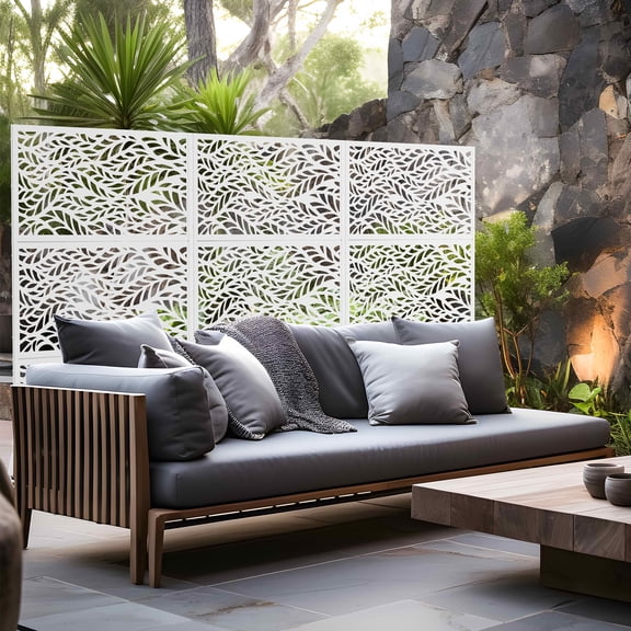 MAYEERTY 72x47x16 Inch White Spring Leaf Galvanized Steel Privacy Screen, 3 Piece Set for Outdoor Patio