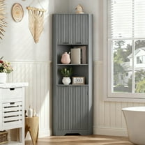 Vabches 68" Tall Corner Cabinet with Storage, Modern Fluted Bar Cabinet with 4 Doors and 2 Open Storage Shelves for Living Room, Bathroom, Kitchen, Laundry