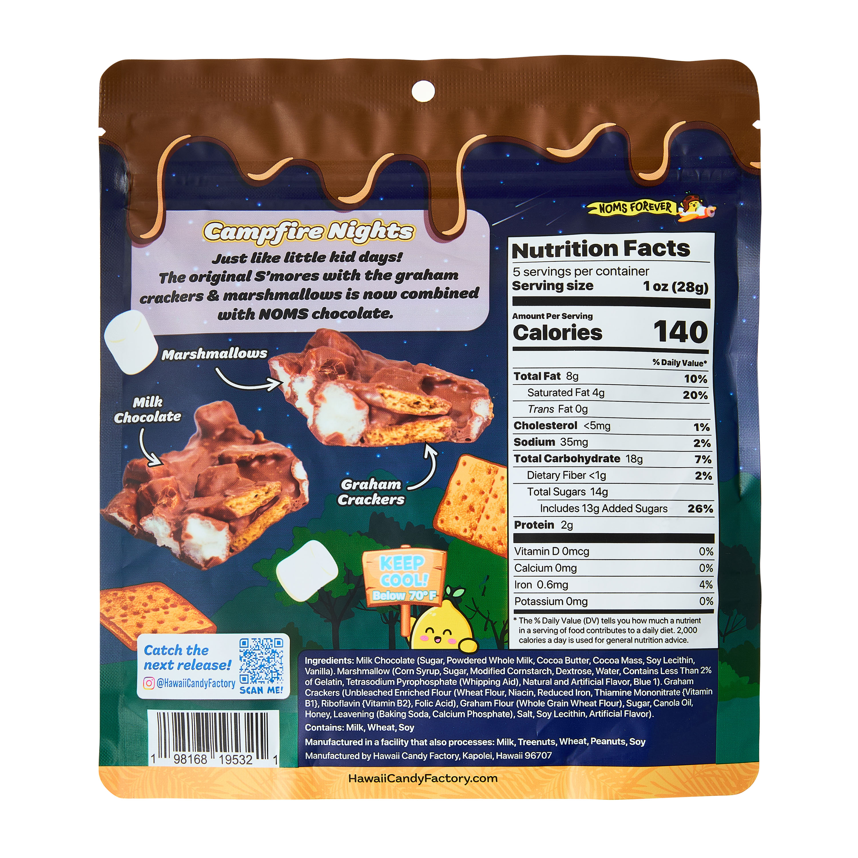 NOMS Campfire S'mores, Chocolate Covered Marshmallow and Graham Cracker Hawaii Candy, 5 oz, Resealable Bag