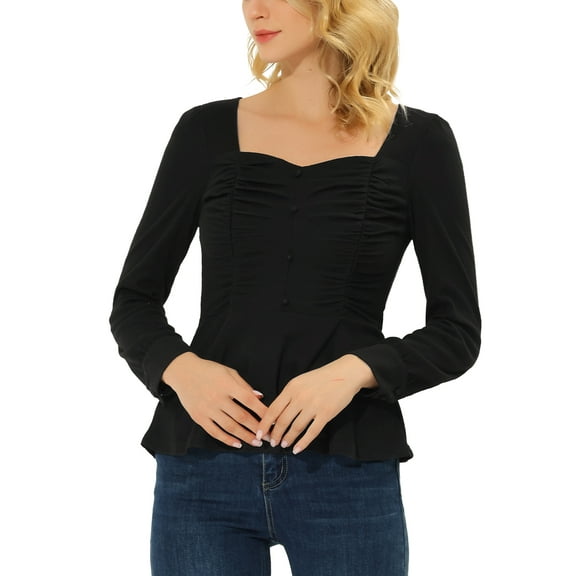INSPIRE CHIC Long Sleeve Peplum Ruched Tops Black XS