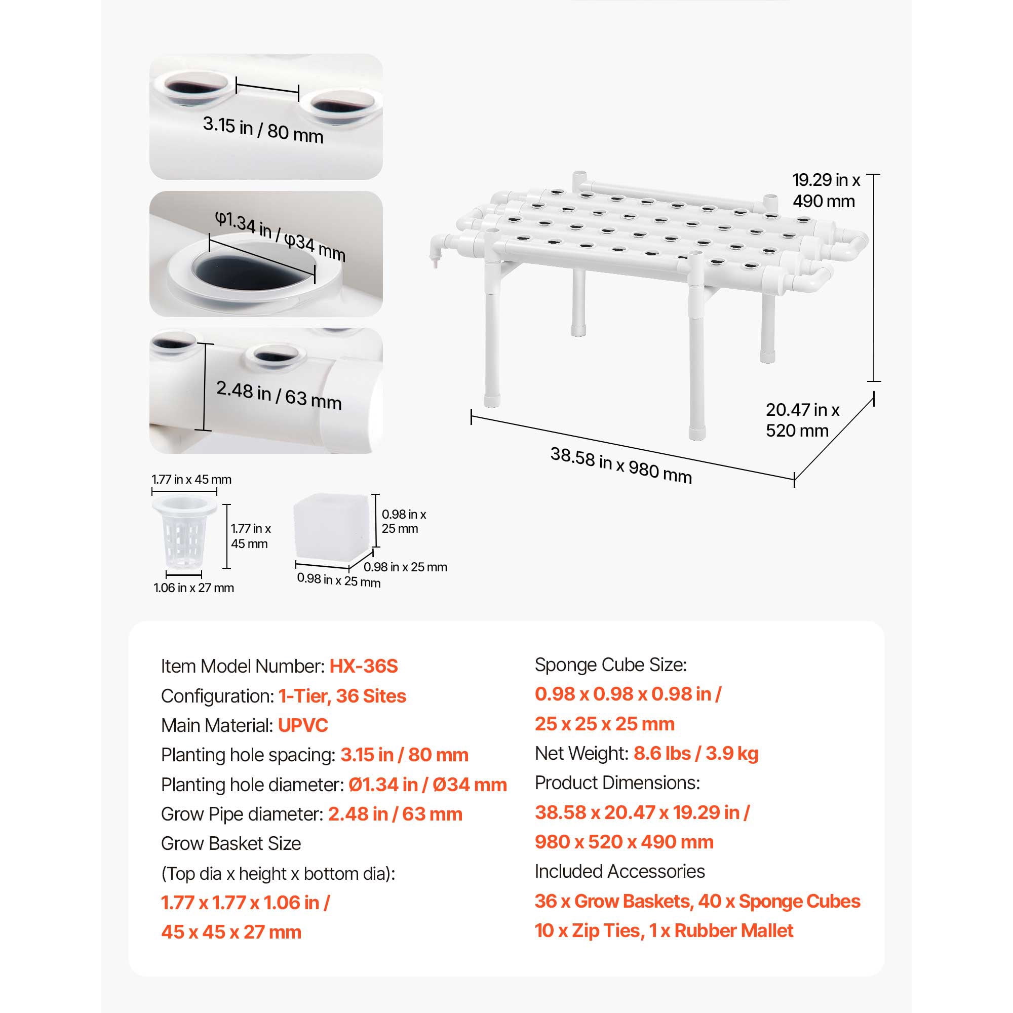 KFFKFF Hydroponic Growing System Kit, 1-Tier 36-Site UPVC Pipe Setup with Timed Irrigation, Light-Blocking Design, Indoor Gardening Solution for Vegetables, Fruits, and Herbs