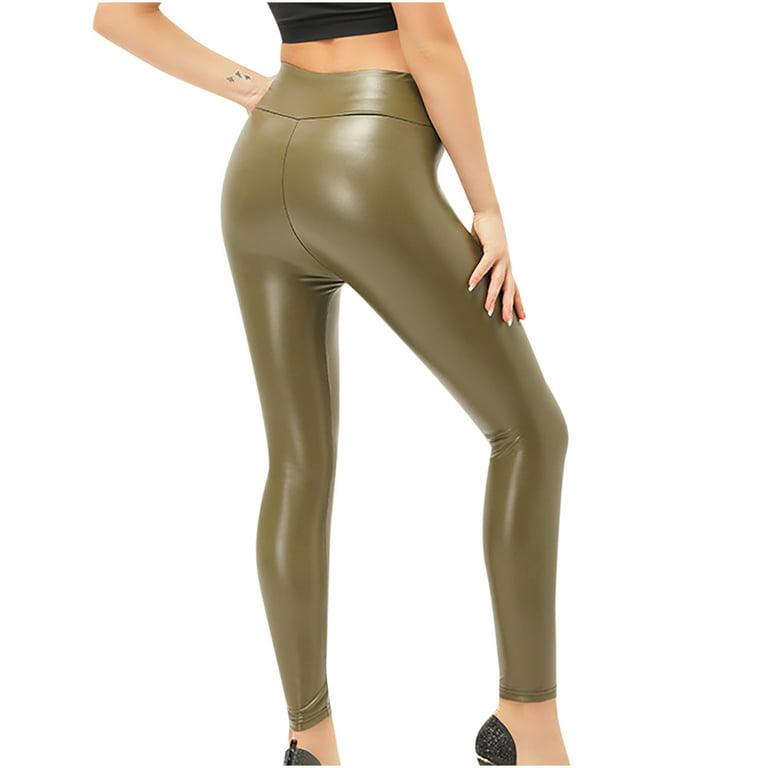 symoid Womens Leggings- Fashion Large High Rise Slim Leather Pants Casual  Stretch Trousers Green XXL 