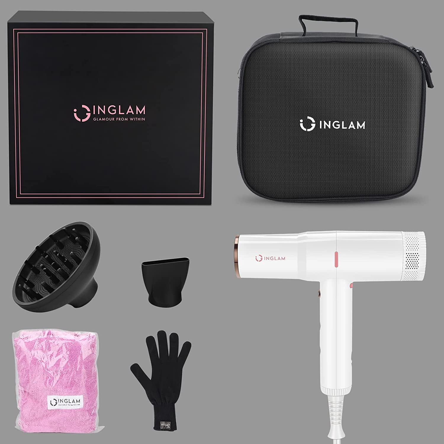 Hair Dryer with Diffuser, IG INGLAM Professional 110,000 RPM High Speed Brushless Motor Negative Ion , 3 Heat Settings 3 Speeds Powerful Blow Dryer