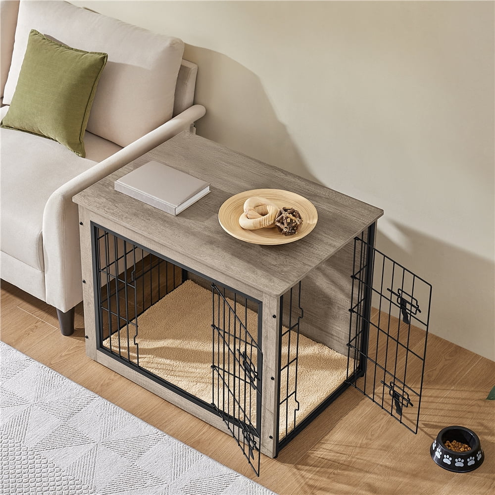 Yaheetech 31.7" W Rustic Wooden Dog Crate Furniture with Anti Skid Plush Mat, Gray
