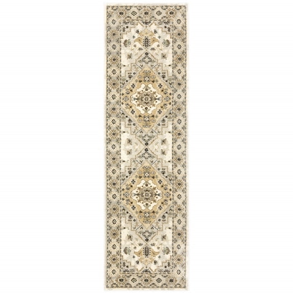 2' X 8' Beige Grey Tan And Brown Oriental Power Loom Stain Resistant Runner Rug