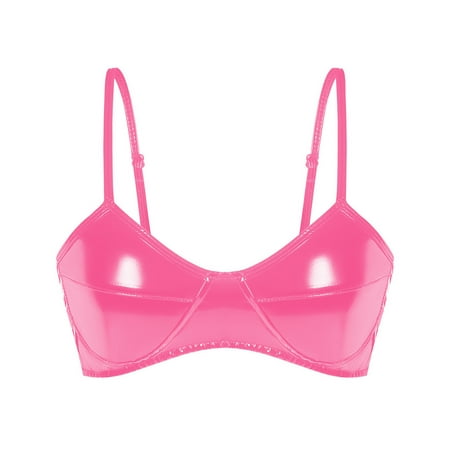 UKLSQMA Ladies  Solid Color PVC Patent Leather Sexy Bras Hot Lingerie for Women Fetish Bras Pink M