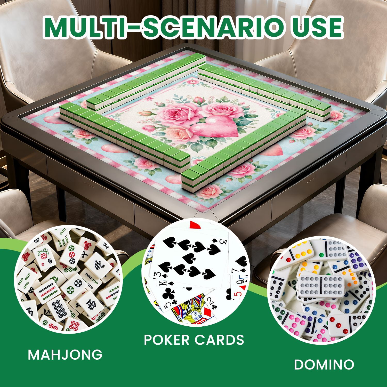 Mahjong Mat 31.5" x 31.5" Pink Roses Heart Blue Floral Border Non-Slip Noise Reduction Mahjong Tiles Table Cover for Dominoes Poker Card Board and Tile Games