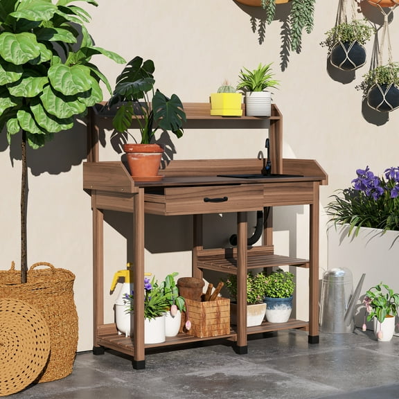 Outsunny Potting Bench Table, Includes Removable Outdoor Sink Station with Hose Hook Up, Wooden Work Station with Faucet, Drawer, Shelves, Dark Brown