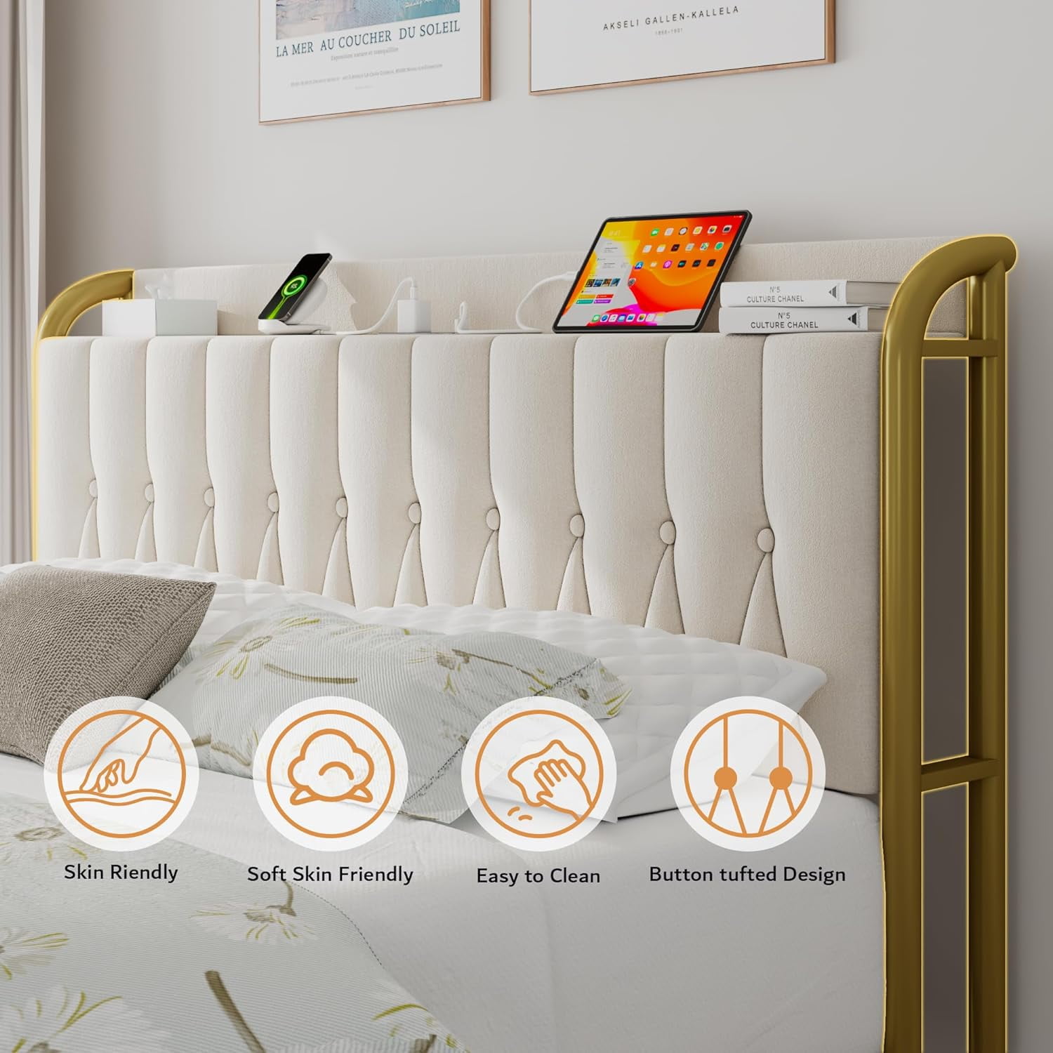 iPormis Full Bed Frame with  USB Ports,12" Underbed Storage Space,Metal Platform Bed, with Velvet Upholstered Headboard & Footboard, Beige