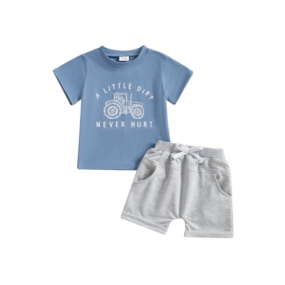 Toddler Baby Boy Summer Clothes Set 6 12 18 24 Months 2T 3T 4T Tractor Letter Print Short Sleeve T-Shirt Elastic Waist Solid Shorts Outfit