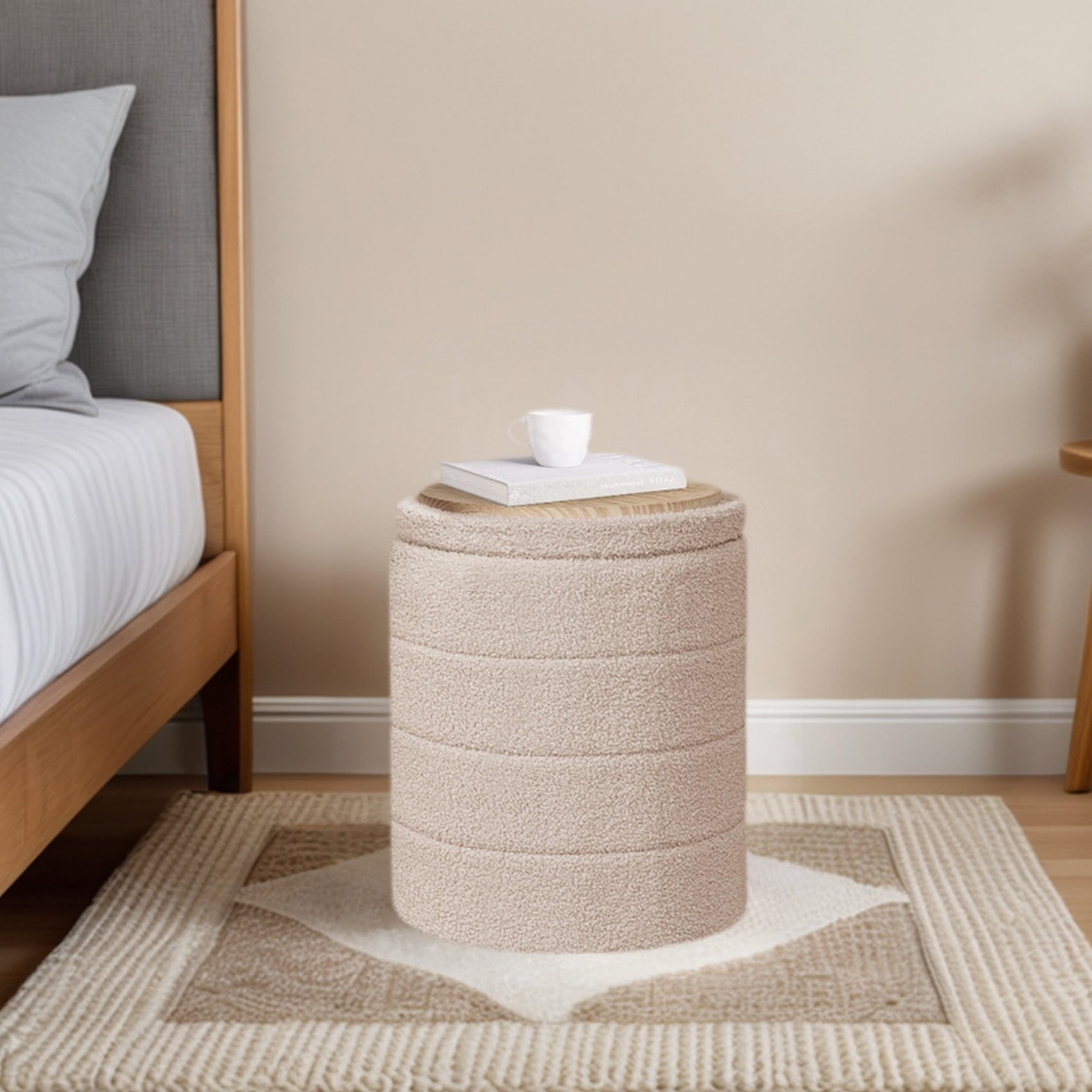 B FSOBEIIALEO 14.6inch Collapsible Storage Ottoman Round with Tray Teddy Fabric Living Room Bedroom Ottoman with Storage(Beige)