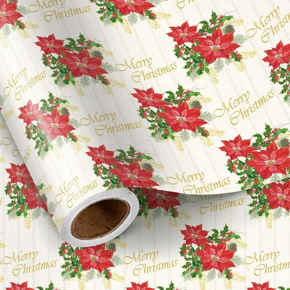 CozyNestFinds Poinsettia Christmas Wrapping Paper Roll, Red Poinsettia, Gold Merry Christmas Festive Design, for Holidays, Family Gatherings, Mini Roll 17 in x 16.4 Ft