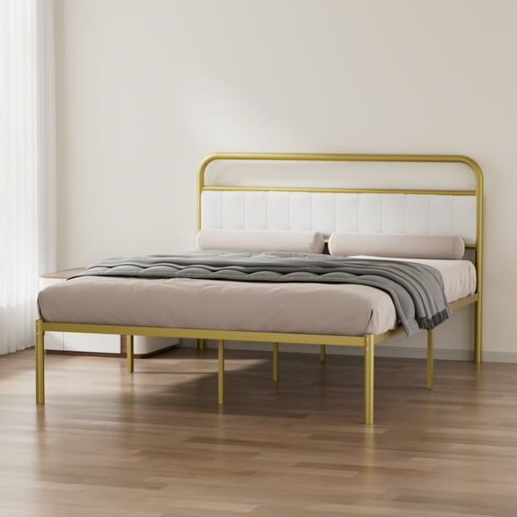 Dtwnek Metal Steel Platform Bed Frame with Upholstered Headboard, Gold
