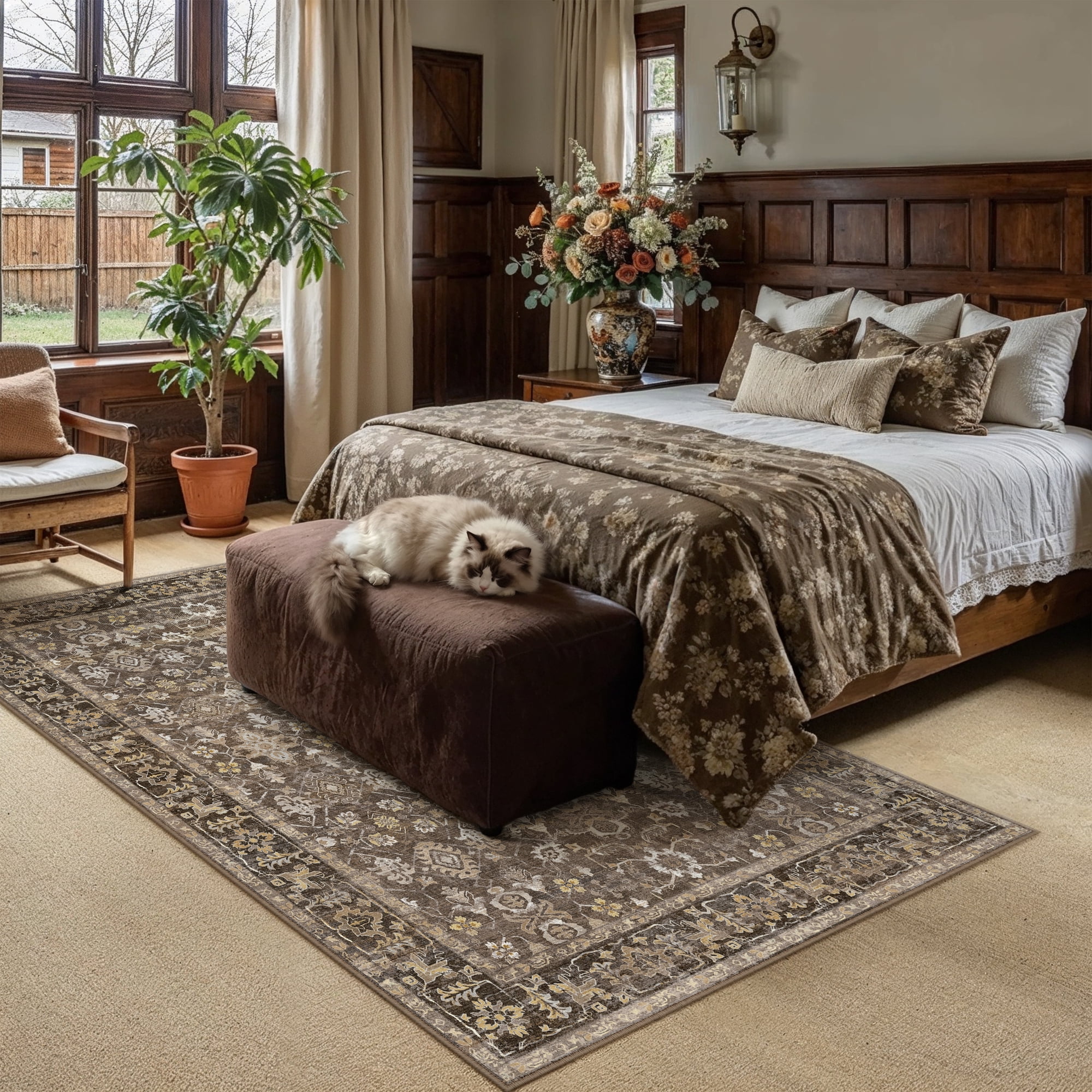 BERTHMEER 8'x10' Area Rugs for Living Room Large Vintage Brown Carpets for Bedroom Office Machine Washable Farmhouse Dining Room Oriental Rugs Non Slip Traditional Distressed Rugs