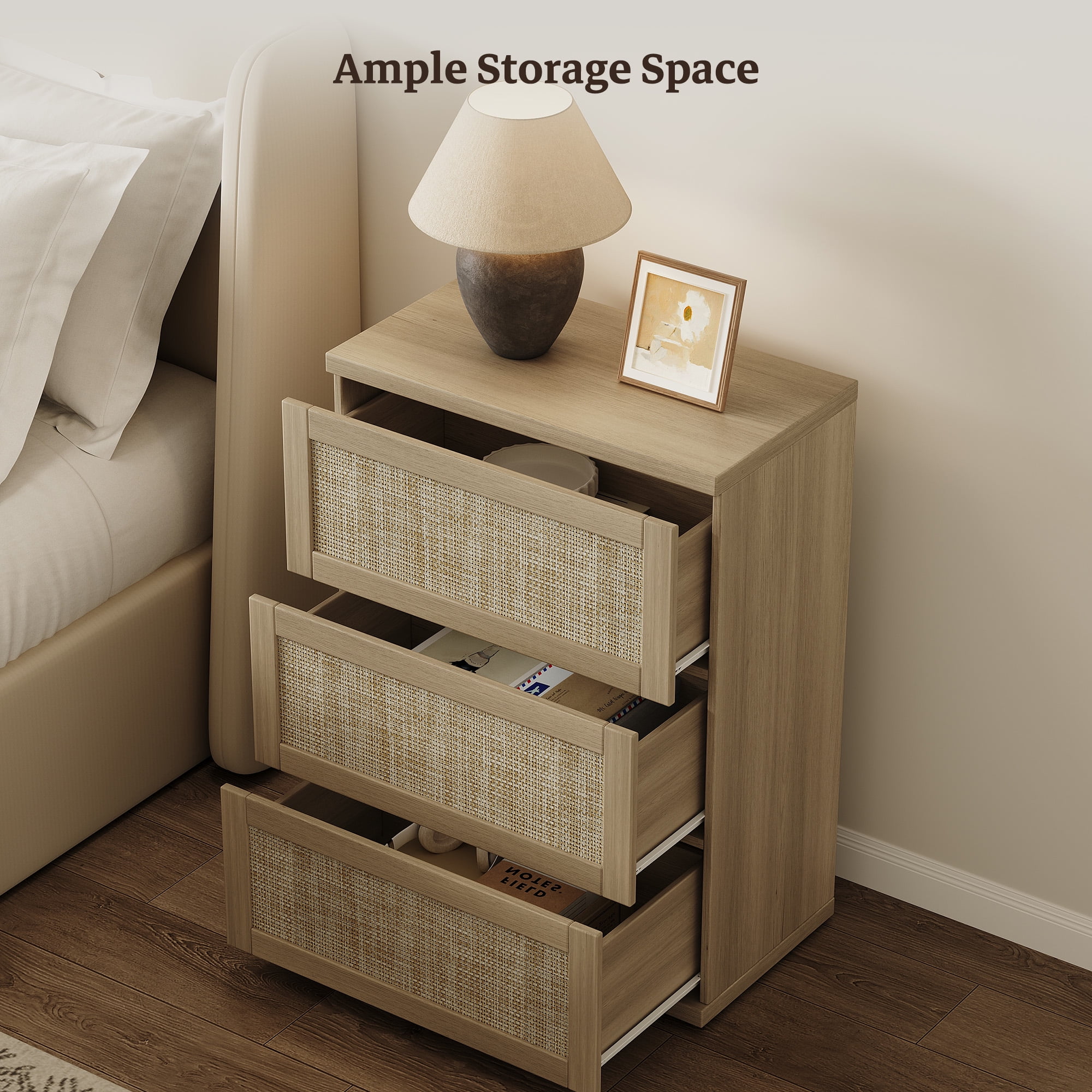 SICOTAS 34.2" Tall 3-Drawer Dresser Nightstand, Small Boho Rattan Chest of Drawers with Slide Rails, Wood Dresser Organizer, Modular Storage Cabinet for Bedroom & Living Room, Natural Oak
