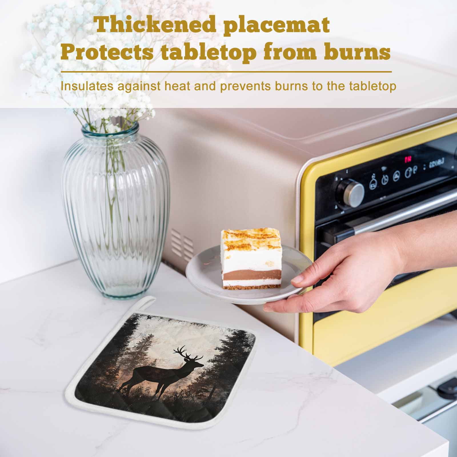 Forest Tree Elk Pot Holders for Kitchen Heatproof Potholder, 3 Pack Vintage Black Deer Animal Wild Plant Hot Pads Multipurpose Oven Pads Cloth Potholders Trivet for Cooking Baking