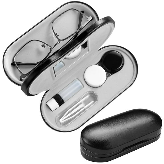 2 in 1 Contact Lens Case, Double Sided Contact Lens Travel Kit Includes Remover Tool with Tweezers, Dual Use Design for Contact Lens Box and Glasses Case, Portable Storage Kit (Black）