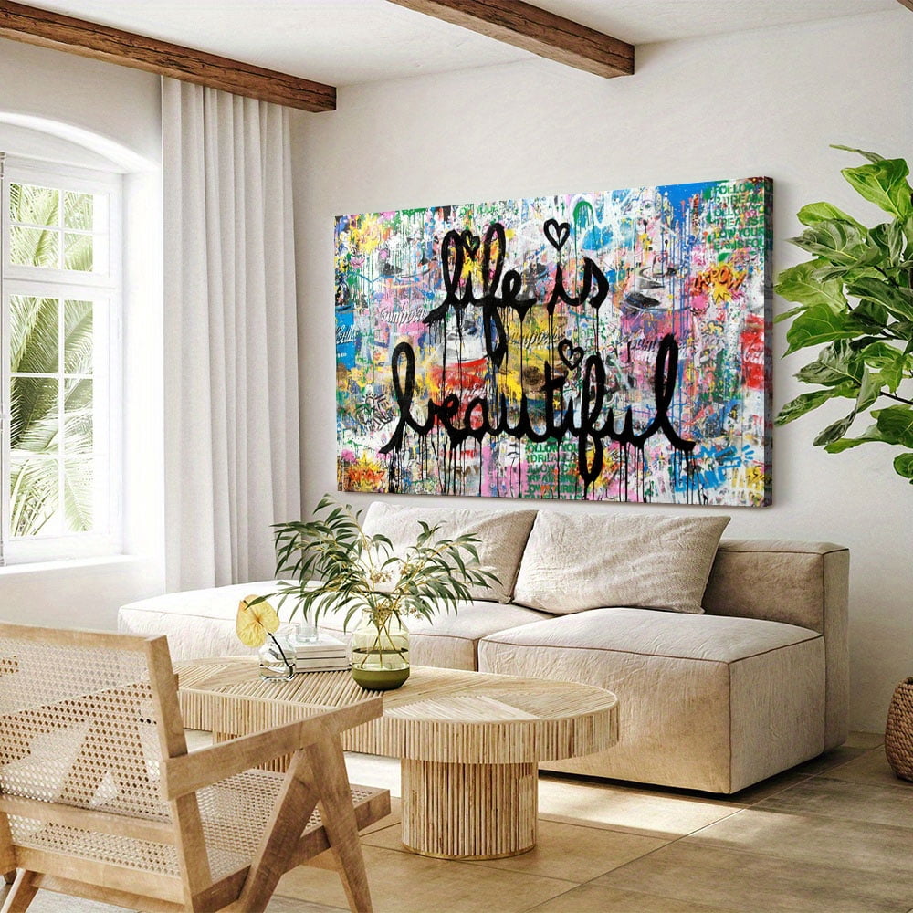 Banksy Canvas Wall Art Life is Beautiful Graffiti Abstract Painting Posters and Prints for Home Decor Living Room Office, Framed Ready to Hang(40" W x 30" H，Framed)