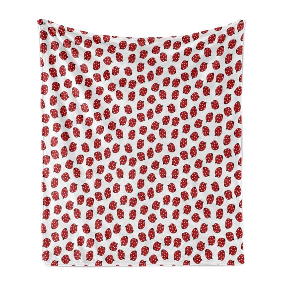 Ladybird Soft Flannel Fleece Throw Blanket, Illustration of Simple Ladybug Repetitive Spring Motif Dotted Pattern, Cozy Plush for Indoor and Outdoor Use, 60" x 80", Vermilion and White, by Ambesonne