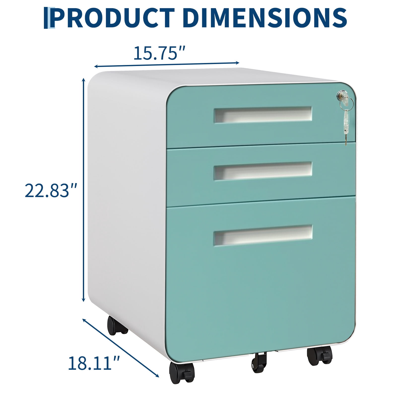 Towallmark Secure 3 Drawer Metal File Cabinet with Lock – Fully Assembled Mobile Filing Cabinet for Home Office, Anti-Tilt 5 Wheels, Under Desk Storage for A4/Letter/Legal Size – Blue