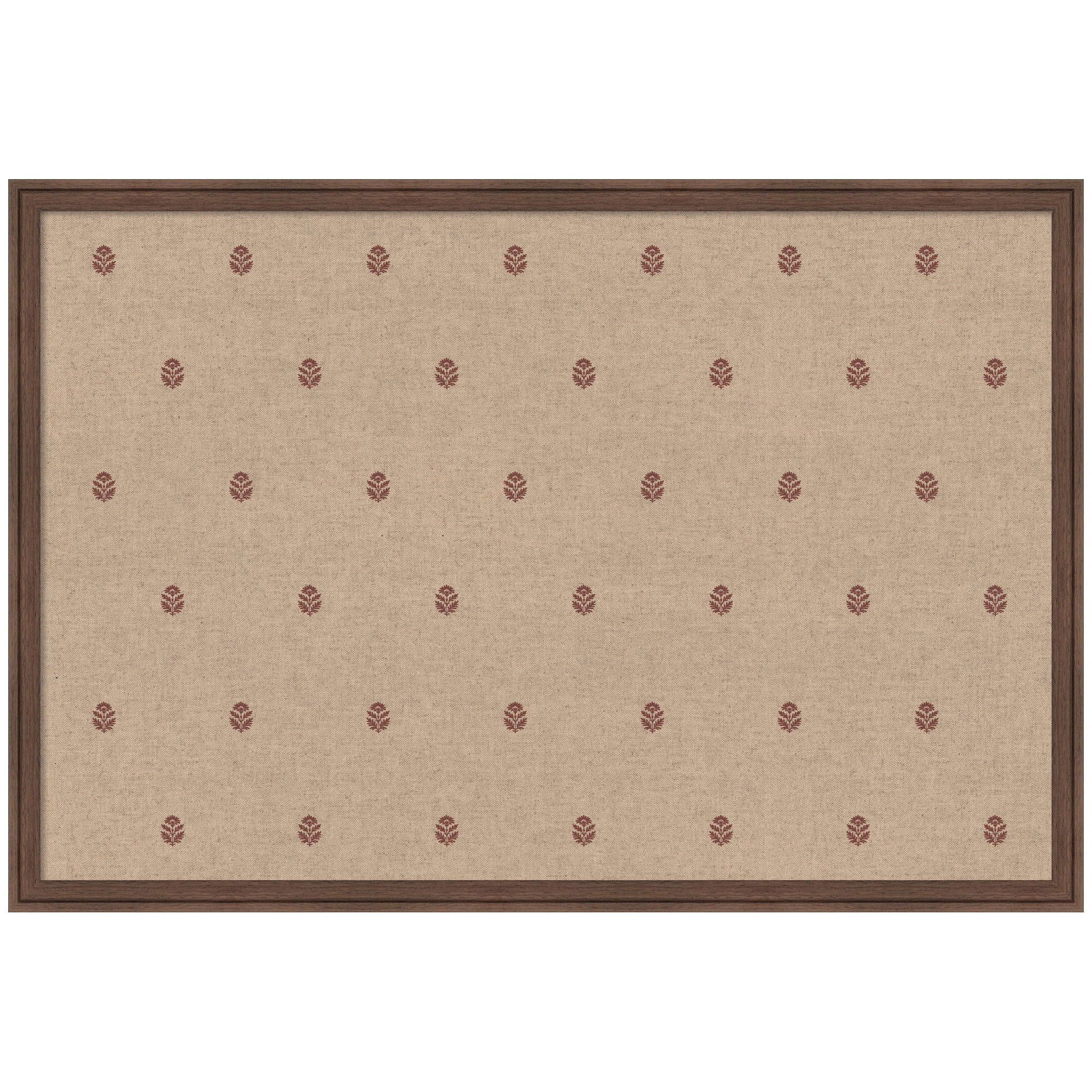 Kate and Laurel Framed Fabric Pinboard 38 x 26, Red Botanical Block Print Printed Linen Classic Bulletin Board for Use as a Vision Board or Wall Organization, Florence Medium Brown Frame