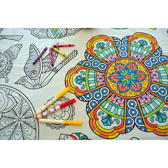 The Coloring Table – Mandala Design – Square Tablecloth - Fabric Coloring Tablecloth - Colorable Designs – Washable and Reusable – Coloring Activity for Children and Adults