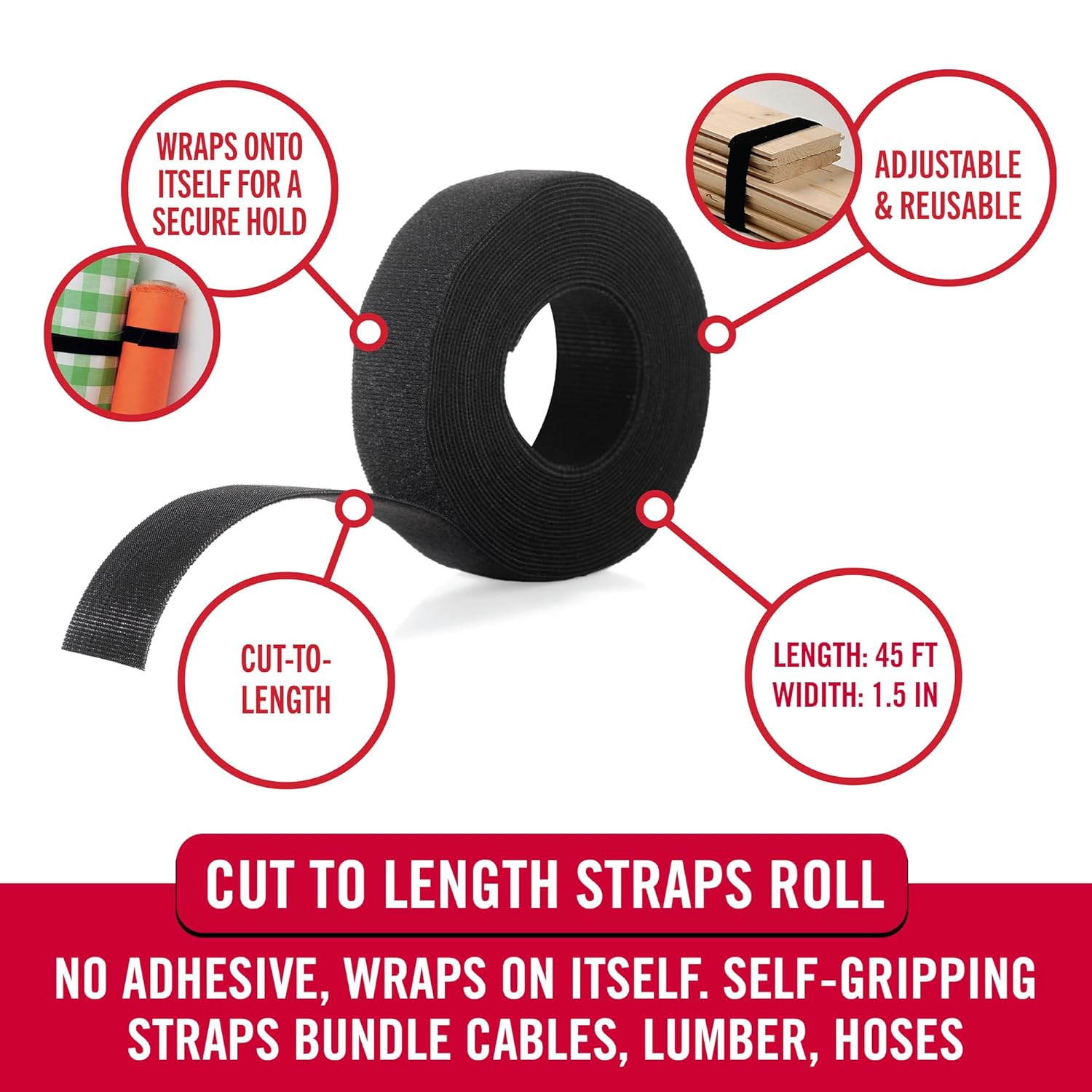 VELCRO Brand ONE-WRAP Double Sided Roll | 45 Ft Cut to Length Straps Heavy Duty Extra Wide 1.5in Bundling Ties Fasten Themselves for Secure Hold, Black (91881)