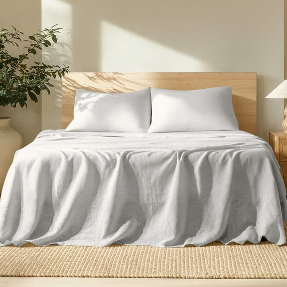 Bare Home Linen Sheet Set - Deep Pocket - Breathable - 4-Pieces - Queen, Glacier Gray