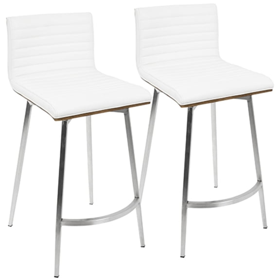 Mason Contemporary Swivel Counter Stool In Stainless Steel, Walnut Wood, And White Faux Leather - Set Of 2