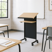 Audio-Visual Direct Lectern (45 H x 17 D x 23 L)- Modern Wood & Metal Podium Wheels -Beech/Black-