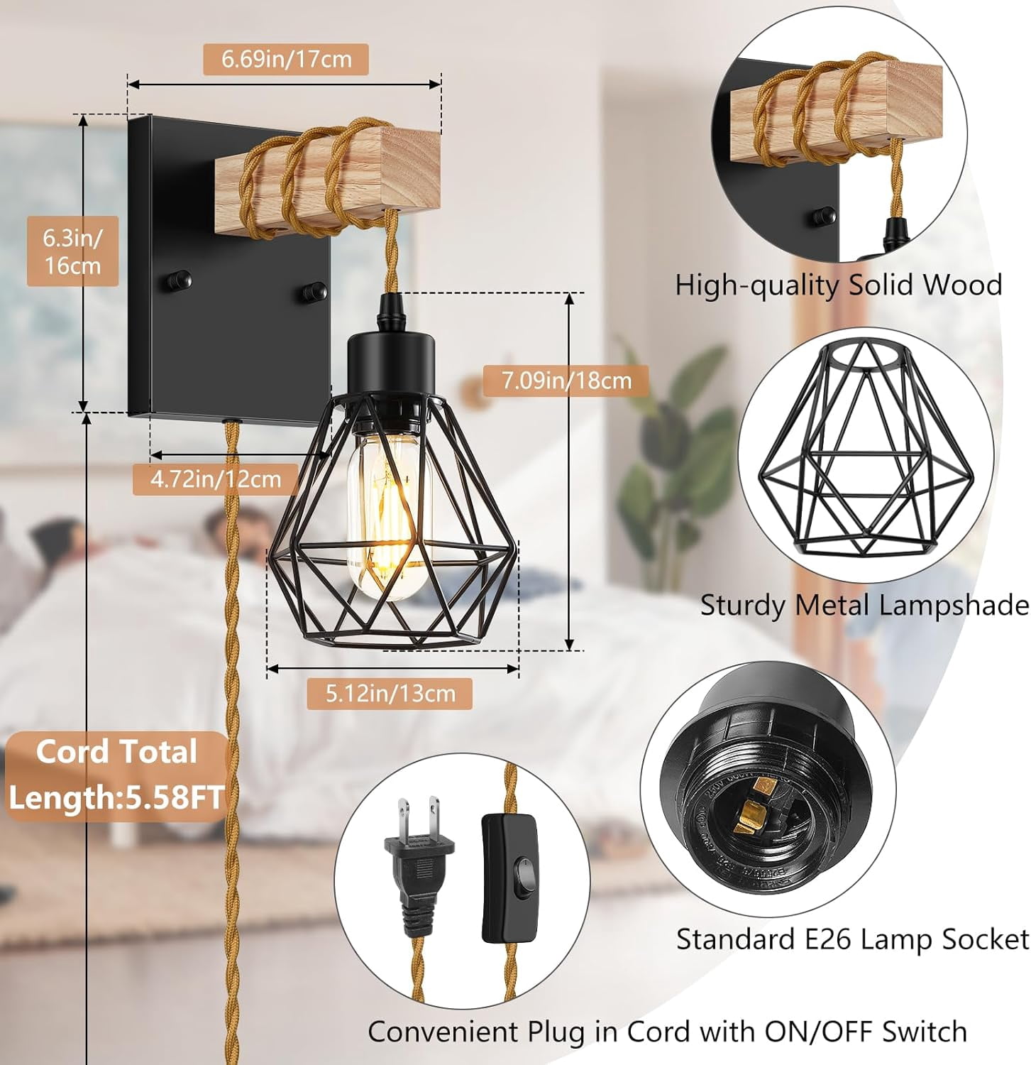 Plug in Wall Sconces Set of Two, Vintage Wood Wall Lamps with Plug in Cord, Farmhouse Wall Light Fixture with 5.25FT On/Off Switch Cord, Indoor Sconces Lighting for Bedroom Living Room