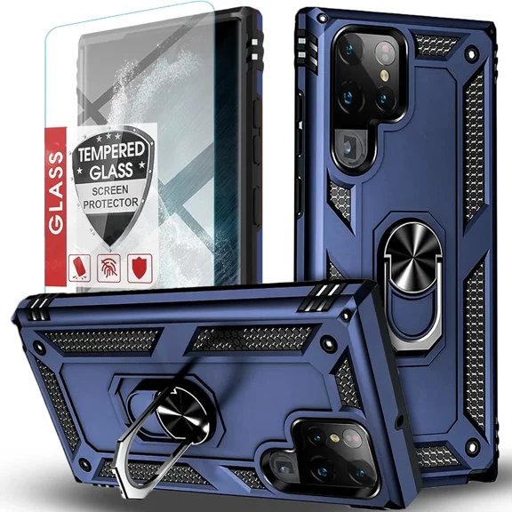 Starshop Samsung Galaxy S25 Ultra Case Phone Cover Shockproof Ring Stand Case With Glass Screen - Blue