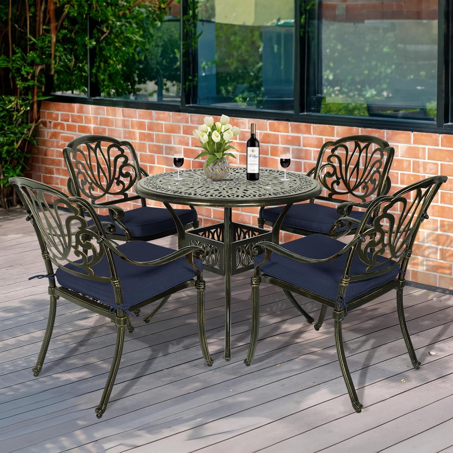 MEETWARM 5 Piece Outdoor Furniture Patio Dining Set, All-Weather Cast Aluminum Patio Table and Chairs Set- 4 Cushioned Chairs, 1 Round Dining Table with Umbrella Hole for Backyard, Navy Blue