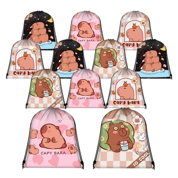 SWAJUJA Capybara Cartoon Drawstring Backpack, 12 Pack Colorful Polyester Bags with Shoulder Straps for Holiday Gifts, Party Favors, School, Travel