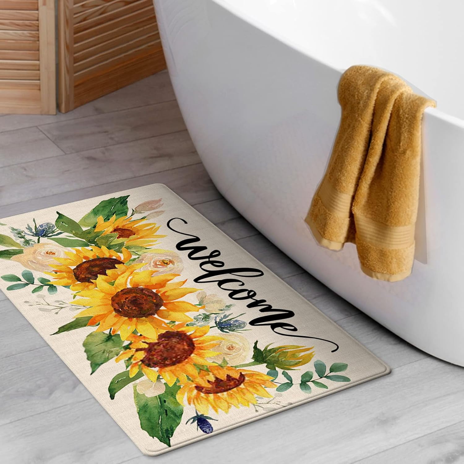 Welcome Fall Sunflower Decorative Front Door Mat, Autumn Floral Flowers Doormat Indoor Outdoor Rose Non-Slip Floor Entryway Rug, Spring Summer Home Kitchen Decoration 17x29 Inch